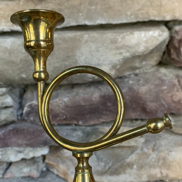 VTG 2 Brass French Horn Christmas Candle Holders Holiday Boho Decor India - Picture 2 of 9